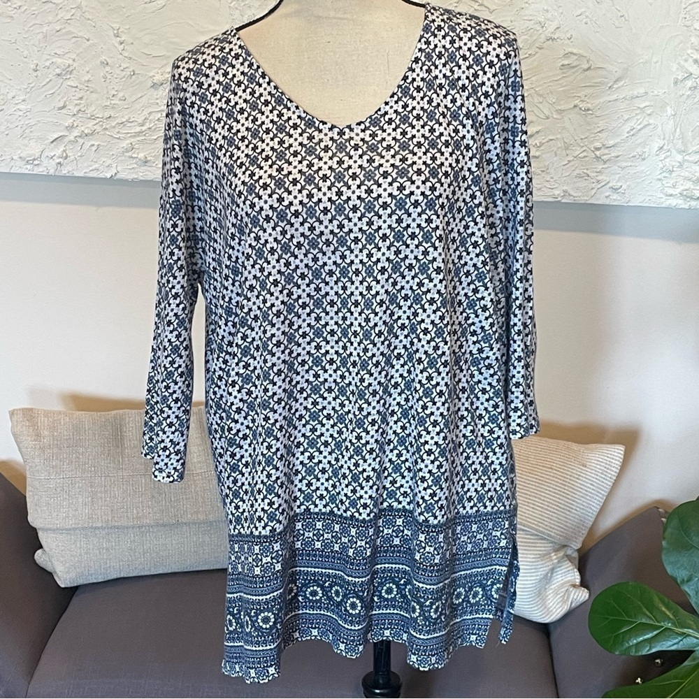 J Jill Love Linen Tunic Top Blue White Floral 3/4 Sleeve 100% Linen Sz M